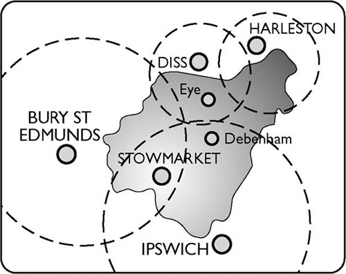 Diagram 4 - Shopping Catchment Areas served by towns outside Mid Suffolk